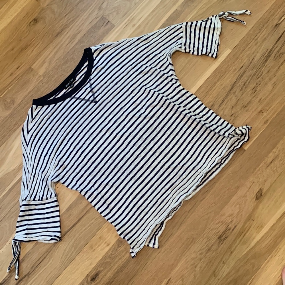 Dear John 100% Linen Drop Shoulder 3/4 Tie Sleeve Striped Blouse Women’s S